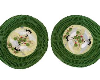 Lot 46: A Pair of Asian Round Green Pillow Shams depicting Birds in Nature. Diameter: 16 inches.