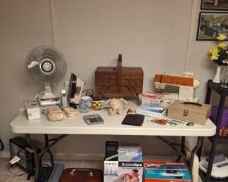 Older Singer Sewing Machine, Sewing Box with Supplies and Tabletop Fan!