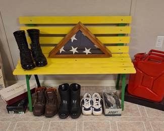 Park Bench, Military Boots, Old Fuel Can and Several Pairs of Men's and Ladies Shoes!