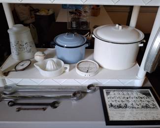 BC Cookie Jar, 2 - Large 1 and 1/2 Inch Snap On Wrenches, Several Mac Wrenches and Graniteware Pots!