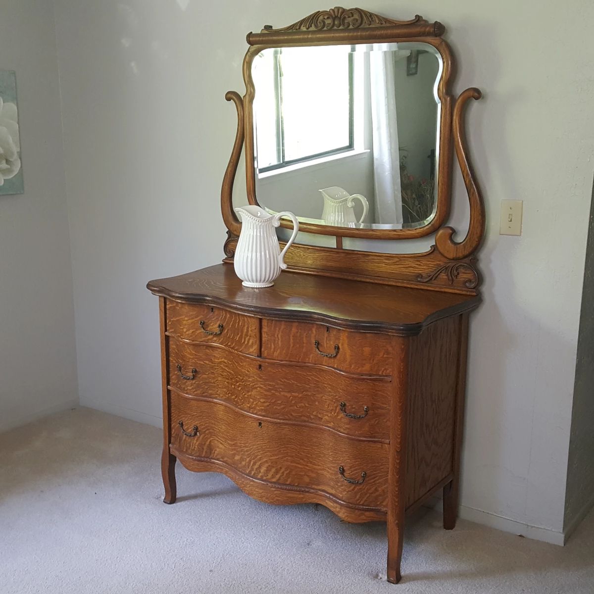 Antique Tiger Oak Serpentine Front Dresser with Mirror – Placerville Estate Sale