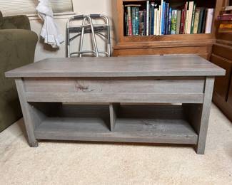 Lift-Top Coffee Table with Storage – Gray Wood Finish – Hidden Compartment + Open Shelves