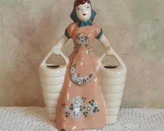 Vintage Weil Ware California Pottery Lady Planter – Peach Dress with Baskets