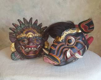 Hand-Carved Tribal Boar Mask – Painted Wood with Hair – Balinese Boar Barong Mask – Tribal Wall Art