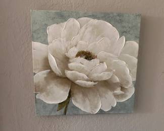 Large White Peony Floral Wall Art – Original Canvas Painting on Wood Frame – Soft Blue Background – Modern Farmhouse
