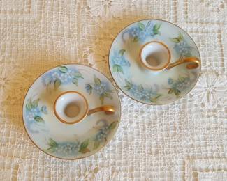 Hand-Painted Nippon-Style Blue Floral Chamberstick Candle Holders (Set of 2)