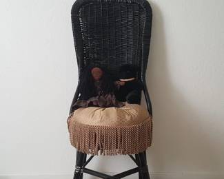 Vintage Black Wicker Accent Chair – Decorative Skirted Cushion – Victorian Parlor or Boho Style