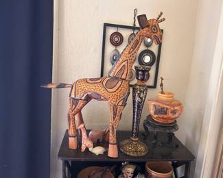 Large Hand-Carved African Giraffe Sculpture Puzzle – Painted Tribal Style – 2.5 Ft Tall Wooden Decor