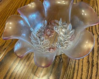Large Vintage Frosted Pink Glass Bowl with a scalloped ruffle edge and raised floral motif with iridescent or satin finish and molded detail. There is also a matching dish with 3 sections.