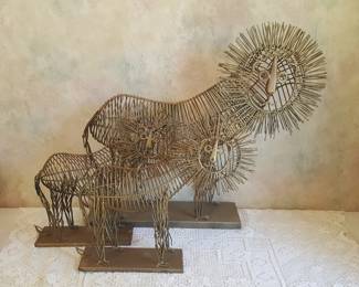 Mid-Century Modern Wire Lion Sculptures – Gold Tone – Largest One is 26" Wide