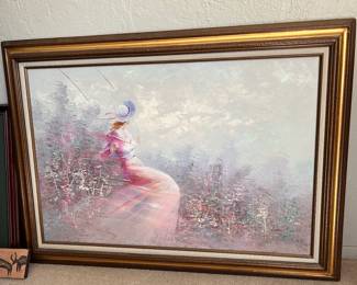 Vintage Impressionist Swing Girl Painting Signed "Foxson" – Ornate Gold Frame – Romantic Pastel Scene