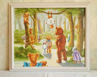 Whimsical Teddy Bear Forest Scene – Original Framed Art – Nursery or Playroom Décor