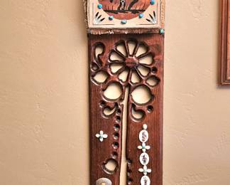 Vintage, customized, wooden hand-crafted clock with turquoise accents.