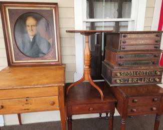 Antiques. Desk, side tables - $40 each. Spool cabinets - $100 each - Early 1800's portrait - $250