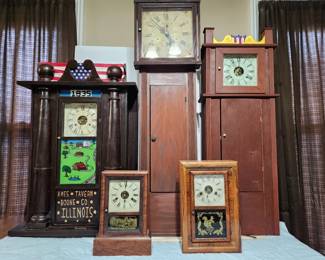 19th century clocks. Clock in rear middle is a museum quality Connecticut Dwarf Clock from 1822 - only 10 known to exist.