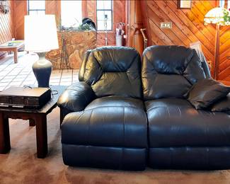 Double Recliner, Midcentury Slate Top Side Table