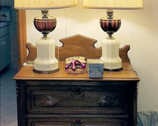 Wash Stand with Acorn Pulls. Pair of Amethyst and Camphor Glass Table Lamps