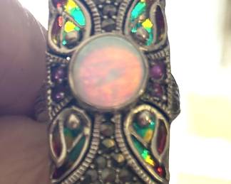 Opal Plique a jour enamel sterling marcasite ring