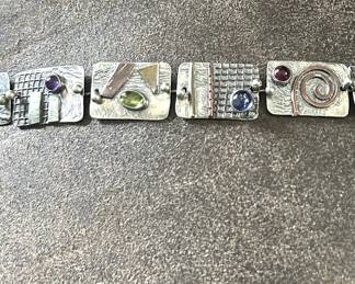 Hand made jeweled sterling artisan bracelet