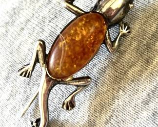 Amber sterling lizard brooch
