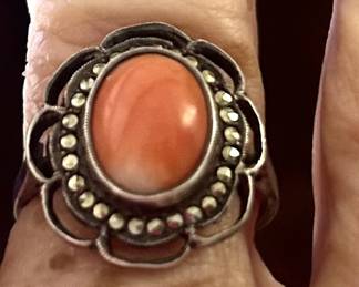 1920’s French coral sterling marcasite sterling ring