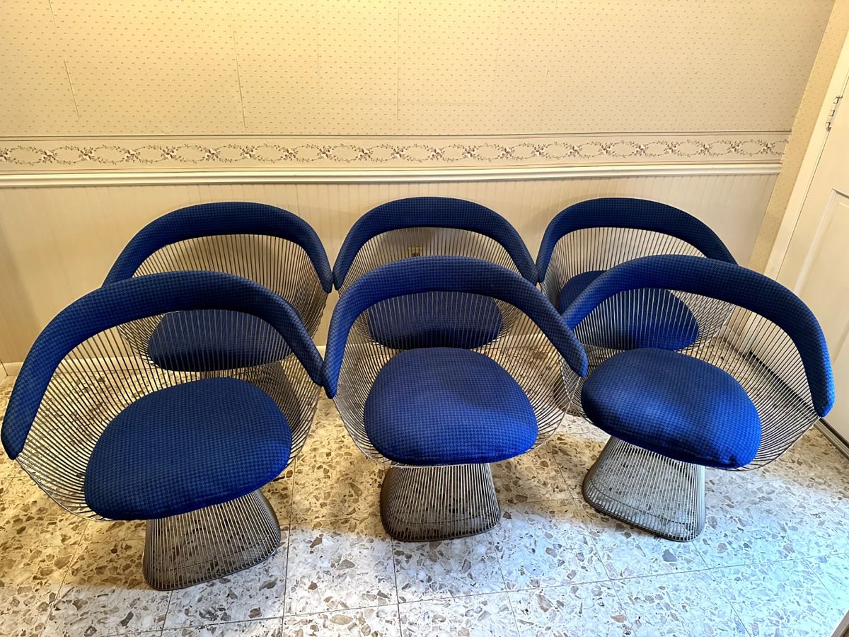 WARREN PLATNER chairs - set of 6 - blue small houndstooth fabric - excellent condition
