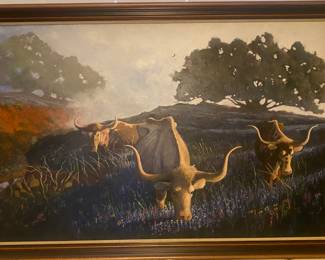 Stunning oil painting by local Texas artist David Herriott
Texas Longhorns in a field of Bluebonnets
Large - 66 in x 42 in