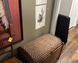 Basket. Audobon bird prints from portolion and Sacred Circles Framed Poster (1977) w/ gook and vintage Oak leather seat chair