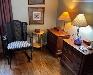 Room two side tables, lamps vintage rocker