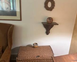 Horsehair pot on shelf. vintage basket. Decorative gourd on vintage basket "chest"