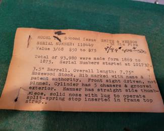 Smith and Wesson, Model number 2, second issue, 32 caliber rimfire, serial number 11049. 1860's?? Not sure all in information on the card is correct, because they changed the Model number from 1 1/2 to 2 on the card. It's in very good condition with most of the original bluing. Dollar amounts on card were previous appraisals not current price. 