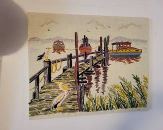 Large Vintage 1970s Seascape Shoreline Dock Waterview Boats Embroidery Needlepoint Crewel Wall Art 