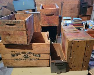 Antique wooden creates and ammo creates. 