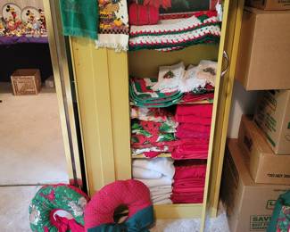 Christmas linens. Very cool metal cabinet. 