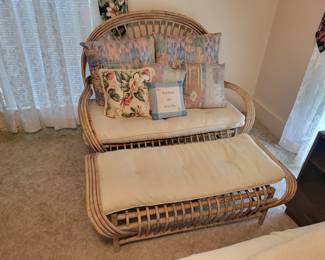 Vintage 1970s Oversized Rattan love seat with matching bench/ottoman. 