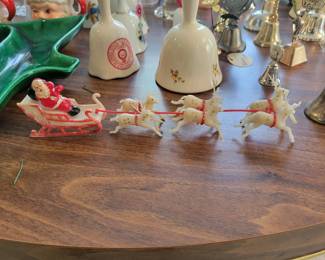 Vintage Plastic Christmas Santa Claus on Sleigh with Reindeer. 