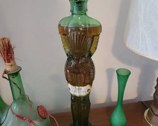  Unique tall 23" vintage molded Knight armour green Italian Italy glass wine decanter carafe bottle.