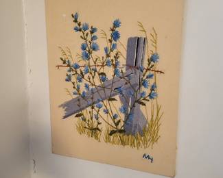 Vintage Crewel Embroidery Blue Corn Flowers Fence Post Barbed Wire.
