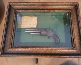 Smith and Wesson, Model number 2, second issue, 32 caliber rimfire, serial number 11049. 1860's?? Not sure all in information on the card is correct, because they changed the Model number from 1 1/2 to 2 on the card. It's in very good condition with most of the original bluing. Dollar amounts on card were previous appraisals not current price. 