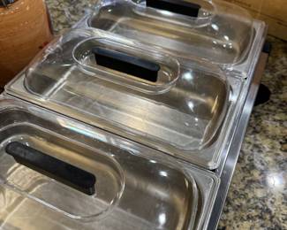 chef style stainless steel, triple buffet server with lids