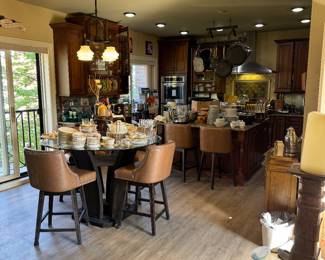 Glass top wooden base round dining room table, 6, leather and wood barstool/chairs