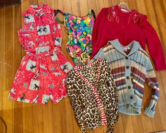 Vintage cardigan sweaters, romper set and bathing suit