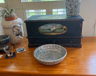 Small blue painted chest
Sponge ware bowl
Maple one drawer table
