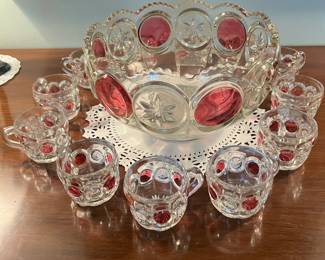 Ruby and clear Moon & Stars punch bowl set