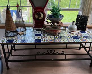 Glazed ceramic floral tile table top on metal base