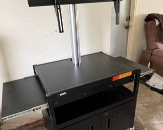 Audiovisual cart with 6 electric plugs, TV pole, with 2 slide out side tables and cabinet below (Brand new out of box)