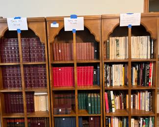 Various encyclopedia sets (some antique), National Geographic books, and miscellaneous reading books--bookshelves are not for sale