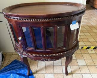 Antique mahogany chocolate table with removable tray on top and a door in front and back.