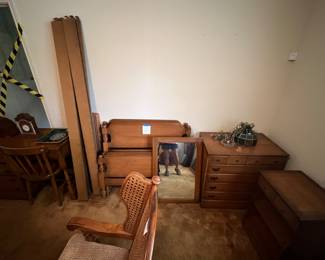 Solid maple bedroom set with two twin beds, one nightstand, dresser, mirror, desk and chair