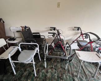 Medical equipment--1 wheelchair, 2 Rollators, 1 walker, 2 shower chairs with backs, 1 shower bench with no back, a toilet rail with bucket